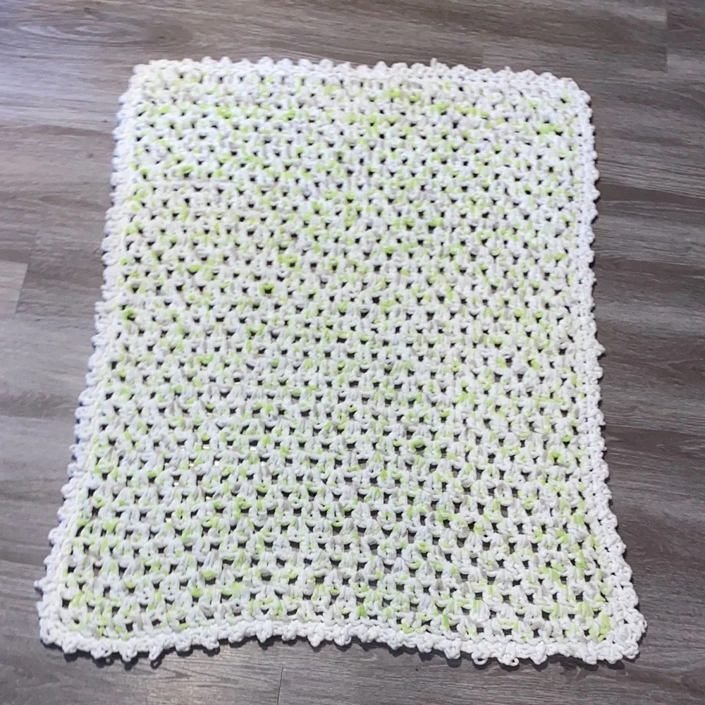 Handmade Crochet Blanket in White Gray and Green